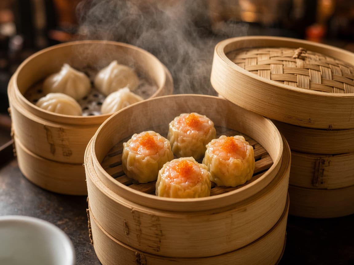 Dim sum in bamboo steamers